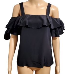 J.CREW 100% Silk Cold Shoulder Ruffle Summer Top G5184 Black size XXS (US 00)